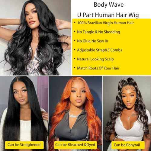 U Part Human Hair Wig Body Wave 18 Inch Brazilian Virgin Hair Glueless Wigs 100% Real Human Hair 180% density U Part Wig for Black Women U Part Wig Human Hair Upart Half Wig Natural Black Color