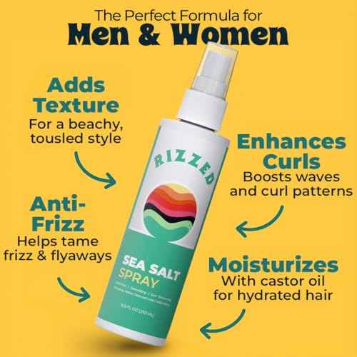Rizzed¢â Sea Salt Spray for Hair Men - Texturizing Spray with Castor Oil & Naturally Sourced Ocean Salts - Texture Sea Salt Sprays for Men - Surf Sprays to Add Volume and Beach Hair - 8.5oz