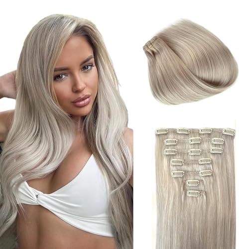 SIYUSI Clip in Hair Extensions Real Human Hair, 100% Brazilian Remy Human Hair Clip Ins, Invisible & Scalp-Friendly, Platinum Silver Color,7Pcs 4.23oz, 16 Inch