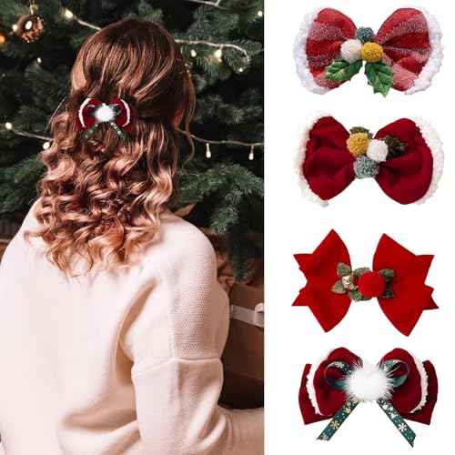 Christmas Red Bow Hair Clips, Xmas Duckbill Bow Barrette Hair pins Fabric Fur Ball Hair Headdress Headwear for Kids Girls Women Christmas Hair Accessories