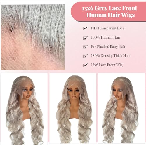 Munx Lace Front Wig Human Hair 180% Density Silver Grey Body Wave Lace Front Wigs Pre Plucked HD Transparent Colored Lace Front Wigs 100% Real Human Hair 24 Inch