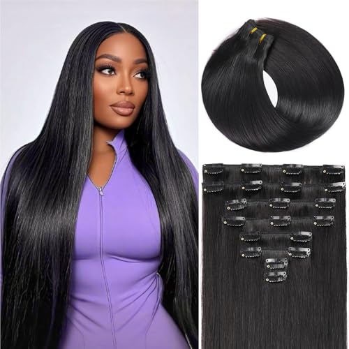 Clip in Hair Extensions Real Human Hair,100% Seamless Remy Human Hair Straight,Clip Extensions for Women, 8pcs Per Set with Double Weft,1B Natural Black,22inch 110g/4oz