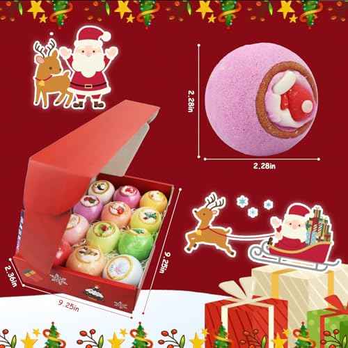 Christmas Bath Bombs for Kids with Surprise Toys Inside - Kids Advent Calendar Bathbombs -12 Pack Safe Fizzy Balls Made with Extracted Essential Oils Bubble Bath Bombs Kids Christmas Gifts
