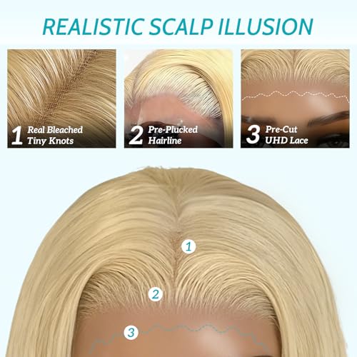 Blonde Bob Wig Human Hair, 613 Straight Bob Wig 100% Human Hair,Glueless 613 UHD Lace Front Wig Human Hair 13x4 Full Lace Wigs Human Hair Pre-Cut 10inch Blonde Brazilian Wig 200% Density