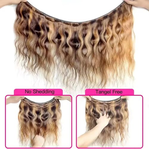 Highlight Human Hair Bundles Body Wave P4/27 Ombre Brown Body Wave Bundles Colored (14 16 18 Inches) Honey Blonde Human Hair Brazilian Virgin Hair Weave 100% Natural Herbal Dyeing