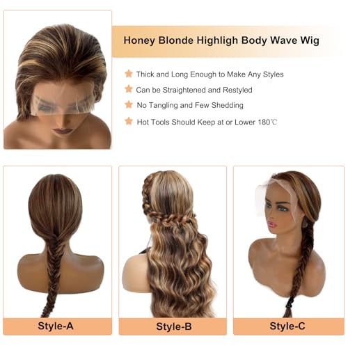 Highlight Lace Front Wig Human Hair 13x6 HD Transparent Straight Lace Front Wigs Human Hair Pre Plucked 180% Density 4/27 Colored Honey Blonde Wig for Women 22Inch