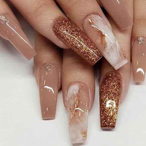 Long Press on Nails Marble False Nails Art Full Cover Acrylic Coffin Orange Fake Nails for Women and Girls 24PCS