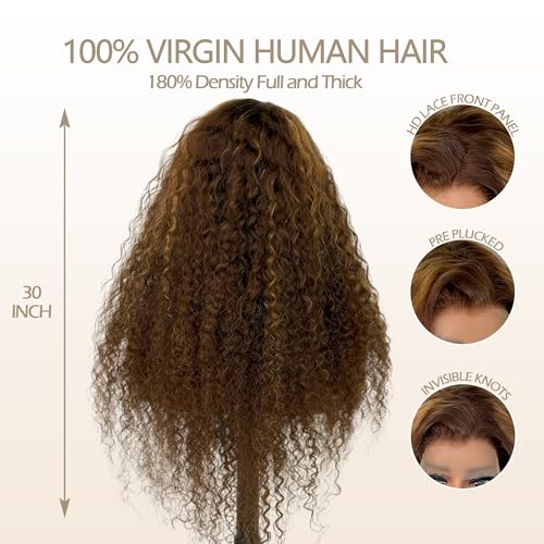 Highlight Ombre Deep Curly Lace Front Wigs Human Hair Pre Plucked 180% Density Honey Blonde Jerry Curly Wig Human Hair 13x6 HD Transparent Lace Frontal Wigs Human Hair for Women 20Inch