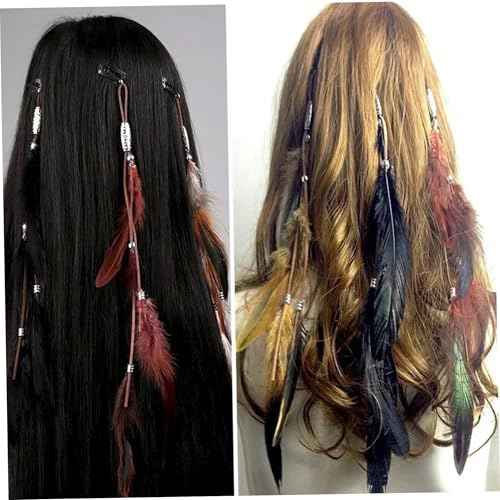 6PCS Hair Feathers Clip In, 14 Inch Hair Feathers Extensions with Braided Beads for Women Cosplay Costume Summer Extensions