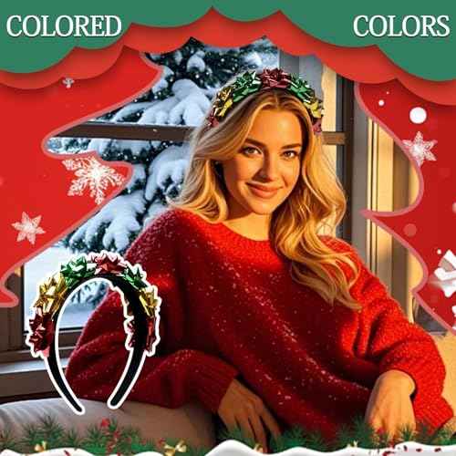 Christmas Headbands for Women with Green Red Yellow Flower Designs Xmas Headband Knotted Hairband Cute Hair Accessories 1Pcs