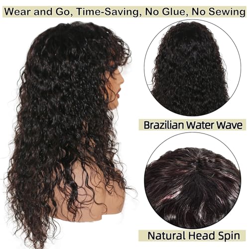 Wig with Bangs 22inch Wet and Wavy Wig with Bangs Glueless Non-Lace Front Wig Machine Made Curly Bob Human Hair Wigs 150% Density Brazilian Virgin Hair for Women Natural Color