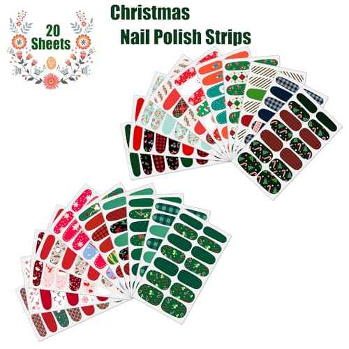 JERCLITY 280 Pieces 20 Sheets Christmas Nail Wraps Stickers Nail Polish Strips Self-Adhesive Full Wraps with Nail Files for Christmas DIY Nail Art Decals