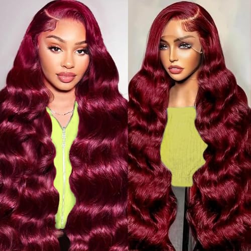 26 Inch 99J Burgundy 13x4 HD Transparent Lace Body Wave Lace Front Wigs Human Hair Pre Plucked 200% Density Lace Frontal Human Hair Wigs For Women