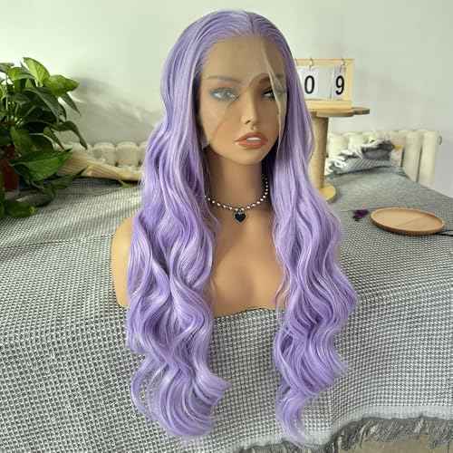 RONGDUOYI Lavender Body Wave Lace Front Wig Synthetic Hair For Women Ready To Wear Glueless Light Purple Wig Heat Resistnt Natural Hairline Long Hair Cosplay 24Inches