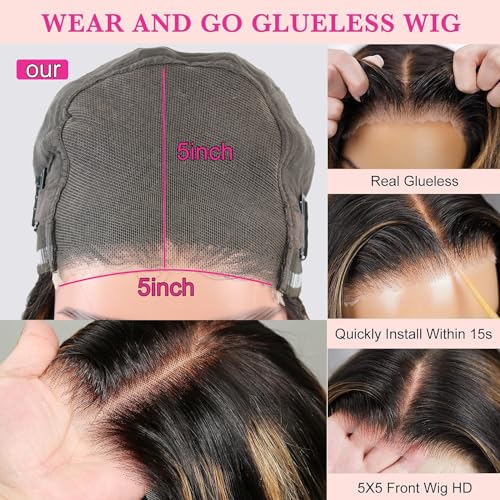 Highlight Glueless Wigs Human Hair Pre Plucked Pre Cut 5x5 HD Lace Closure Wigs Honey Blonde Body Wave Lace Front Wigs Human Hair Wear and Go for Women 180% Density 24Inch