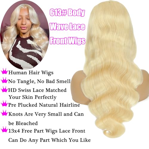 613 Lace Front Wig Human Hair 13x4 Light Blonde Color Lace Front Body Wave Wigs 613 HD Lace Frontal Wigs Human Hair Pre Plucked for Women(613 Color 13x4 Lace Front Wigs, 18 Inch)