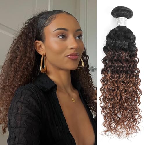 12A Brown Ombre Human Hair Bundles Water Wave 24 Inch, Chestnut Ombre Brown Wet n Wavy Single Bundle with Dark Roots 3 Tone Color #T1B/2/30 Thick Sew In Weave Remy Hair Keep Soft After Washes