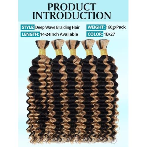 160g 5 Bundles/Pack Ombre Honey Blonde Human Braiding Hair for Boho Braids 18 Inch Curly Boho Hair for Braiding Knotless 12A Deep Wave Bulk Bohemian Color P1B/27