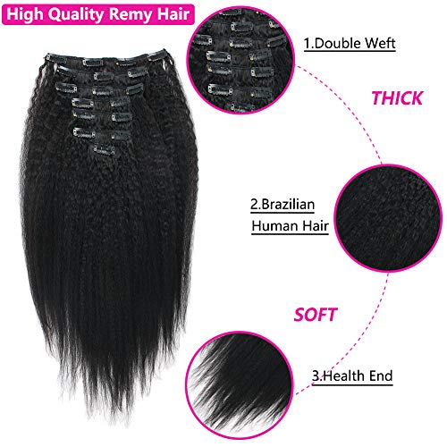 Lovrio Kinkys Straight Hair Clip in Hair Extensions for Black Women Brazilian Virgin Double Weft Human Hair 7 Pieces 120g with 17 Clips 14 Inch