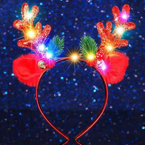 CAKURE Light Up Reindeer Antlers Headband LED Glow Christmas Headbands Deer Ears Hair Bands Holiday Xmas Headwear for Women