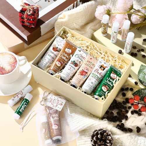 Demissle 48 Pcs Christmas Hot Cocoa Supplies Xmas Party Stuffers Christmas Stocking Favors Xmas Red Green Hand Cream and Lip Balm Gifts Set for Baby Shower Guests