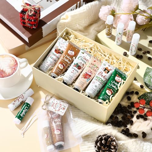 Demissle 72 Pcs Christmas Hot Cocoa Party Favors Hand Cream and Lip Balm Gifts Bulk Xmas Party Stuffers Christmas Stocking Favors Xmas Red Green Hot Cocoa Gifts Set for Baby Shower Guests