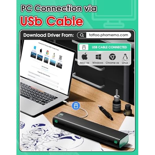 Phomemo Tattoo Stencil Printer, M08F Wireless Thermal Tattoo Printer with 10pcs Transfer Paper, Compatible with Phone/Tablet/PC, Tattoo Supplies for Tattoo Artists, AI Image Generation, Black & Green