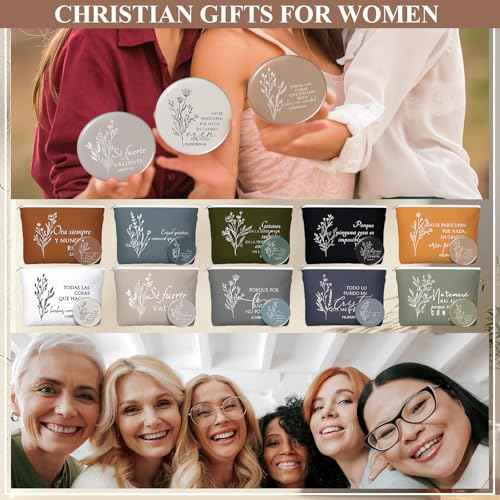 Kacctyen 10 Sets Advent Beauty Calendar Spanish Christian Gifts for Women Regalos Cristianos para Mujer for Christmas Religious Canvas Makeup Bags with Bible Verse Compact Mirrors (Boho Color)