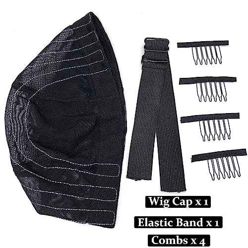 Wig Cap with Guideline Map for Wig Making, Stretchable Mesh Dome Caps with 1 Elastic Band and 4 Wig Combs for Beginners Sewing Wig (Medium: 21"-22", 4 * 4 Closure)