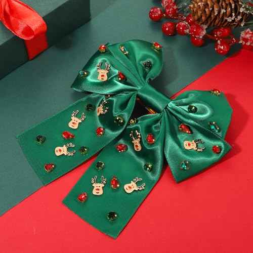 Boderier Christmas Hair Bows for Women Girls Santa Reindeer Hair Bows Clip Crystal Jeweled Ribbon Bows Christmas Outfits Hair Accessories Party Favors Gifts Reindeer Green