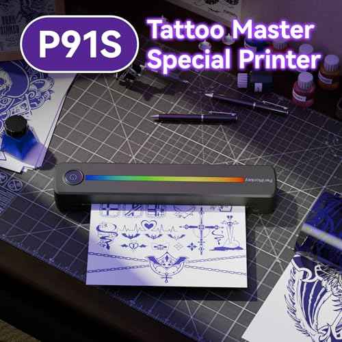 P91s AI Tattoo Stencil Printer with Stencil Paper and Rainbow Light Strip,Wireless Thermal Tattoo Printer for Phone & PC