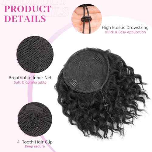 Isaic Ponytail Extension 8 Inch Short Wavy Curly Ponytails Drawstring Ponytail for Black Women Jet Black Pony Tails Hair Extensions Synthetic Hairpiece for Daily Use