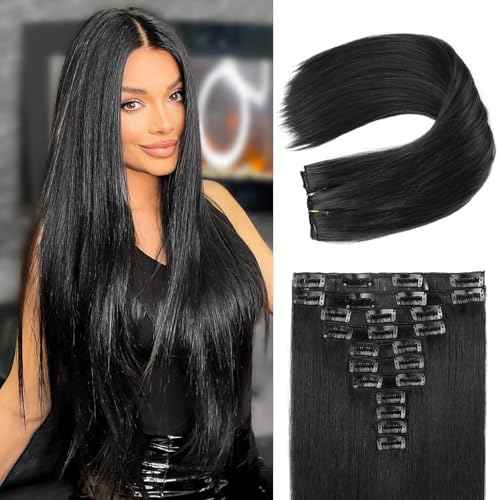 REECHO Hair Extensions, 11PCS Clip in Hair Extensions 24" Long Straight hair extensions HE005 Natural Soft Synthetic Hairpieces for Women ? Black