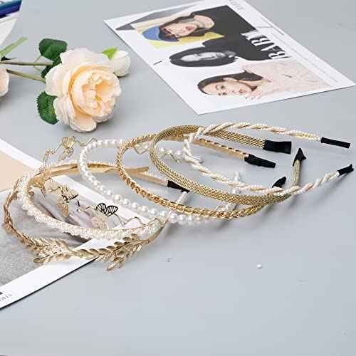 WOVOWOVO Pearl Headbands for Women 8 Pack, White Faux Pearls Hairband Gold Metal Headband Butterfly Flower Hairbands, Bridal Hair Hoop Party Wedding Hair Accessories for Girls