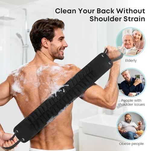 Back Scrubber with Handles for Shower, 40 Inches Dual-Sided Back Washer with Exfoliating Texture and Loofah for Men, Women and Elderly, Bath Back Exfoliator Body Cleaner for Deep Cleansing