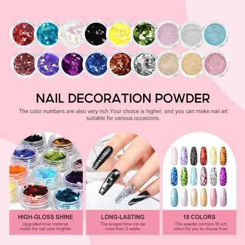 Acrylic Nail Kit for Beginners with Everything 3pc Professional Acrylics Powder 6pcs Gel Nail Polish 18pcs Glitter Decoration Powder Nails Kit Acrylic Set with Tips Nail Light and Drill DIY Gifts