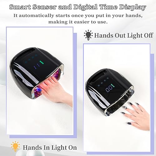 96W Rechargeable UV Nail Lamp, Cordless UV Light for Nails with LCD Display Auto Sensor, 4 Timer Setting and Smart Sensor Portable Nail Dryer, Nail Curing Light with Removable Bottom (Black)
