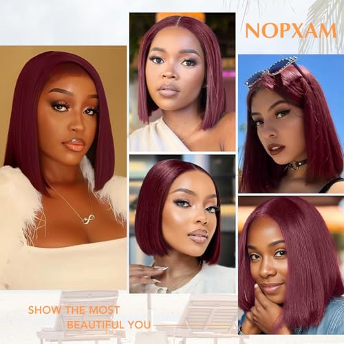 99j Burgundy Bob Wig Human Hair 13x4 HD Transparent Lace Front Wigs Human Hair 180% Density Short Bob Glueless Straight Wigs Human Hair for Women 16 Inch
