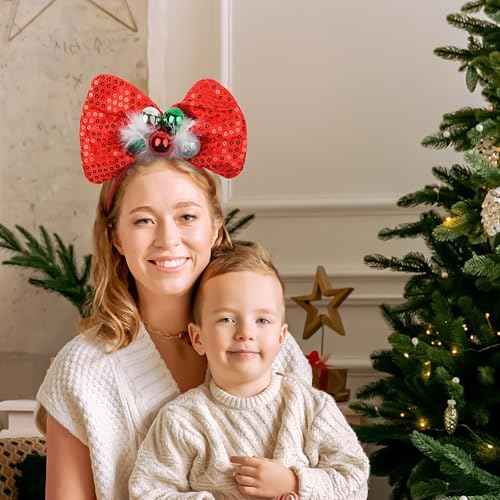 Doneace Christmas Bow Headband Red Sequins Hair Bands Glitter Green Bell Bowknot Headdress Design Christmas Hair Accessories for Women Girls Xmas New Years Festival Holiday Party Supplies