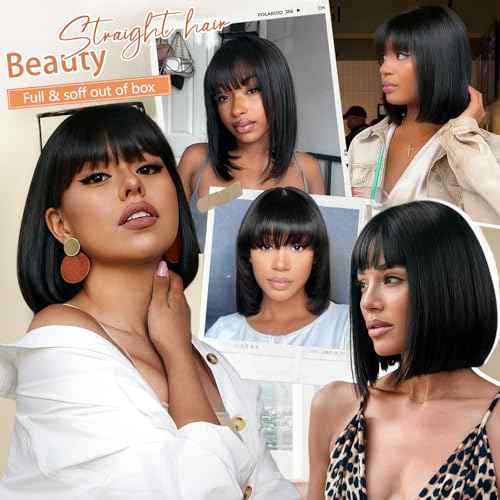 Black Bob Wigs Human Hair Short Wig with Bangs Straight Wigs Human Hair Glueless Wear and Go 150% Density Wigs for Women Daily Use 14 Inch