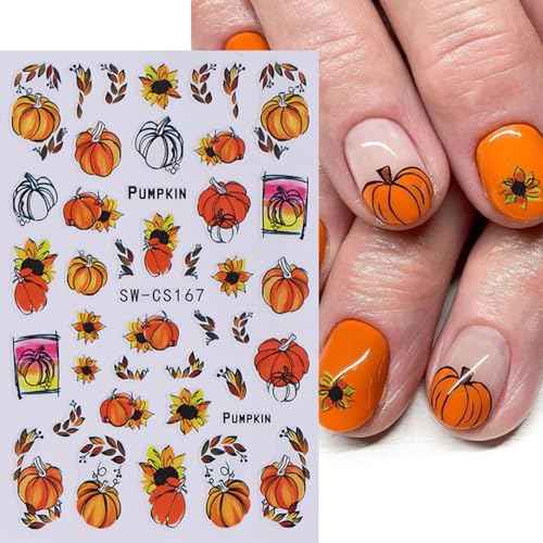 Fall Nail Art Stickers, Autumn Pumpkin Nail Decals 3D Self-Adhesive Red Gold Maple Leaf Pumpkin Fall Sunflower Flower Nail Art Design Thanksgiving Nail Accessories for Women Girls(6 Sheets)