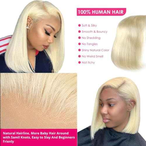 Blonde Bob Wig Human Hair 180% Density 613 Straight 10 Inch Short Bob Wigs 13x6 HD Transparent Lace Front Wig Human Hair Pre Plucked With Baby Hair Glueless 613 Blonde Lace Frontal Wigs For Women