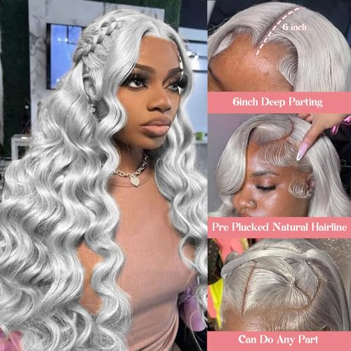 Munx Lace Front Wig Human Hair 180% Density Silver Grey Body Wave Lace Front Wigs Pre Plucked HD Transparent Colored Lace Front Wigs 100% Real Human Hair 24 Inch