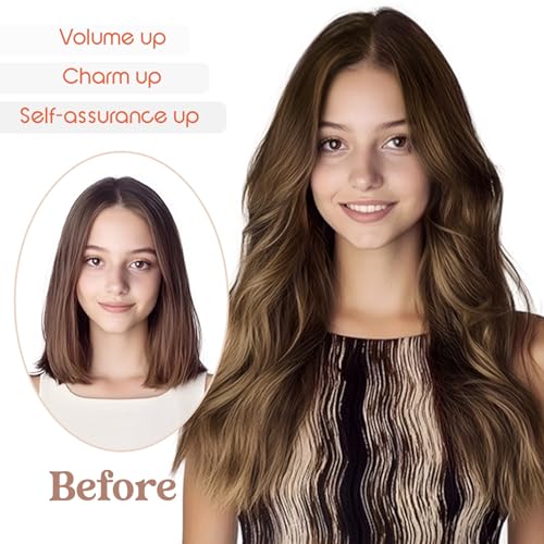 Sunny Hair Wire Hair Extensions Real Human Hair Fish Line Human Hair Extensions Invisible Wire Extensions Dark Brown to Caramel Blonde with Dark Brown Highlights #4/27/4 18 Inch