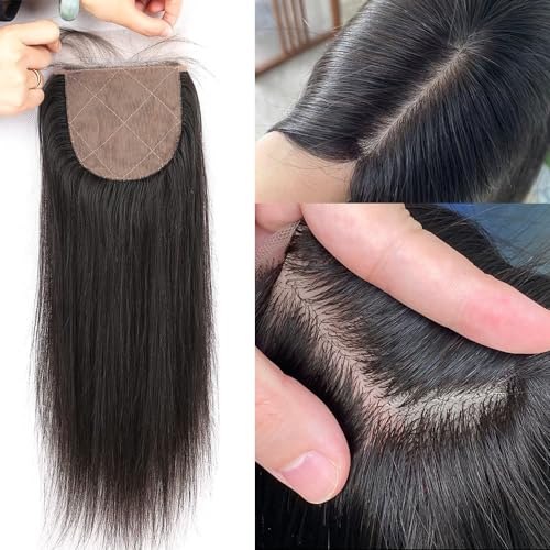 4x4 Silk Base Lace Closure with Baby Hair Pre Plucked Brazilian Virgin Straight Natural Black Color Human Hair Free Part Toppers Closure For Women (16inch)