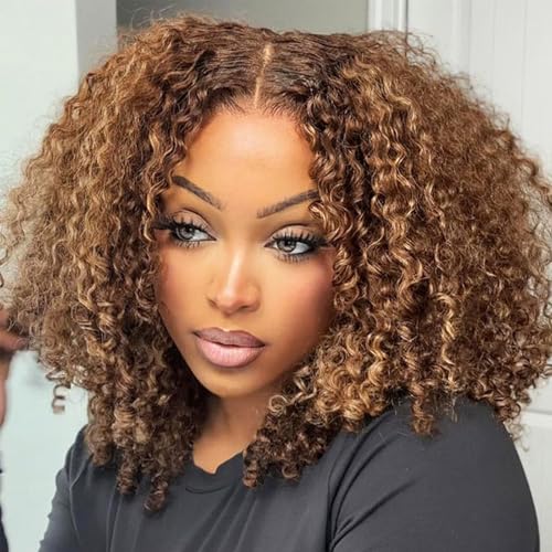 14 Inch Bob Wig Human Hair Highlight Ombre 13x6 lace front wig human hair 200% Density Real Human Hair Pre Plucked Deep Curly Short Bob Wigs for Women 4/27