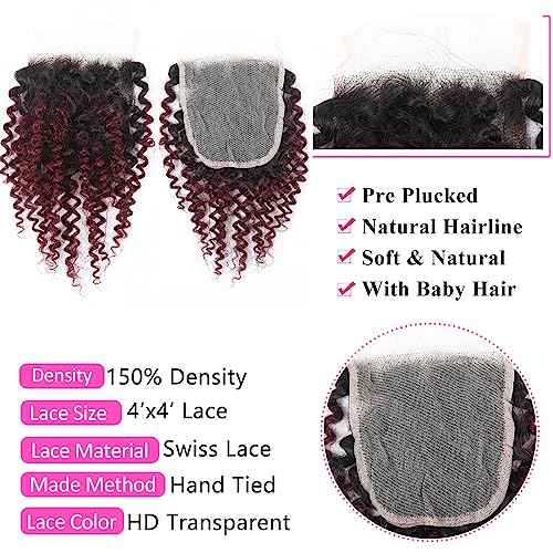 1b/99j Curly Human Hair Bundles and Closure(10 10 10+10) Kinky Curly Bundles Human Hair Brazilian Virgin Ombre 99j Burgundy Red Human Hair 3 Bundles with 4x4 Closure 50 Gram/Bundle