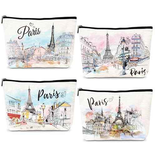 Paris Gifts Travel Essentials - 4Pcs Eiffel Tower Makeup Bag, France Paris City Watercolor Cosmetic Bags with Zipper Pouch, Weekend Vacation Trip Gifts for Travellers Women Girls