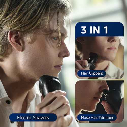 3-in-1 Electric Razor for Men, Waterproof Rotary Shaver, Beard Trimmer with Nose Hair Attachment, Premium Black