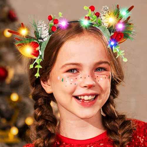 BARTOSI Christmas Light Up Headbands Reindeer Antlers Hairband LED Xmas Antler Hair Hoop Hair Accessories for Women Girls